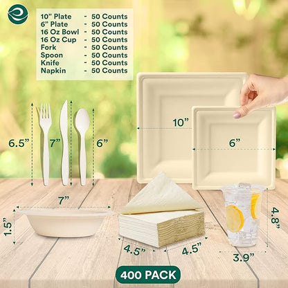 ECO SOUL 400 Pcs Compostable Dinnerware Set For 50 Guests, 50 Pcs Each Of Eco-Friendly White Disposable Paper Plates Of 10"" & 6"", Cutlery, Napkins, 16 oz Bowls & 16 oz Cups Set For Party & Picnic