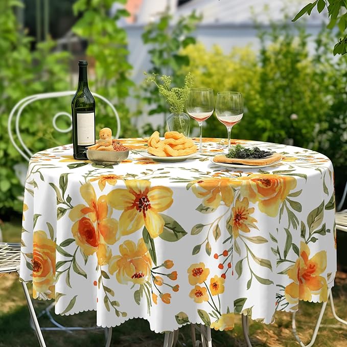 Eikione Summer Leaf Round Tablecloth 70inch,Tablecloth Waterproof and Wrinkle-Free, Red Flower Rustic Table Covers, Summer Decorations for Home