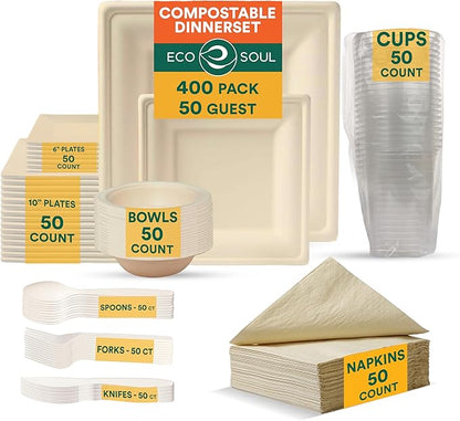 ECO SOUL 400 Pcs Compostable Dinnerware Set For 50 Guests, 50 Pcs Each Of Eco-Friendly White Disposable Paper Plates Of 10"" & 6"", Cutlery, Napkins, 16 oz Bowls & 16 oz Cups Set For Party & Picnic