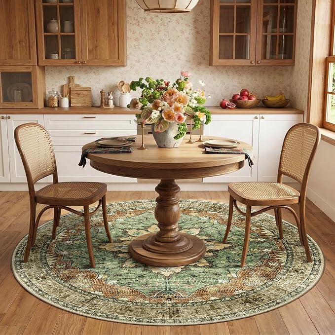 Area Rugs 6ft Washable Non-Slip, Floral Vintage Distress Print Pattern Medallion Carpet for Living Room Bedroom Dining Room, Brick Red Rust Neutral Brown Burnt Orange