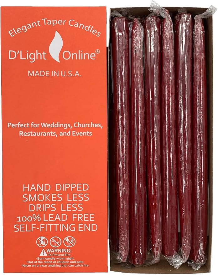 D'light Online Elegant 10" Unscented Pomegranate Red Taper Candles, Premium Quality Hand-Dipped Tapered Candles, Dripless and Smokeless - Set of 12 Individually Wrapped (10 Inch, Pomegranate)