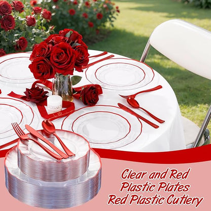 EI 150pcs Clear and Red Plastic Plates,Plastic Plates and sliverware,Clear Disposable Party Dinnerware Set for 30 Guests,Red Wavy Petal Edge Disposable Dinnerware Set for Wedding,Christmas,New Year