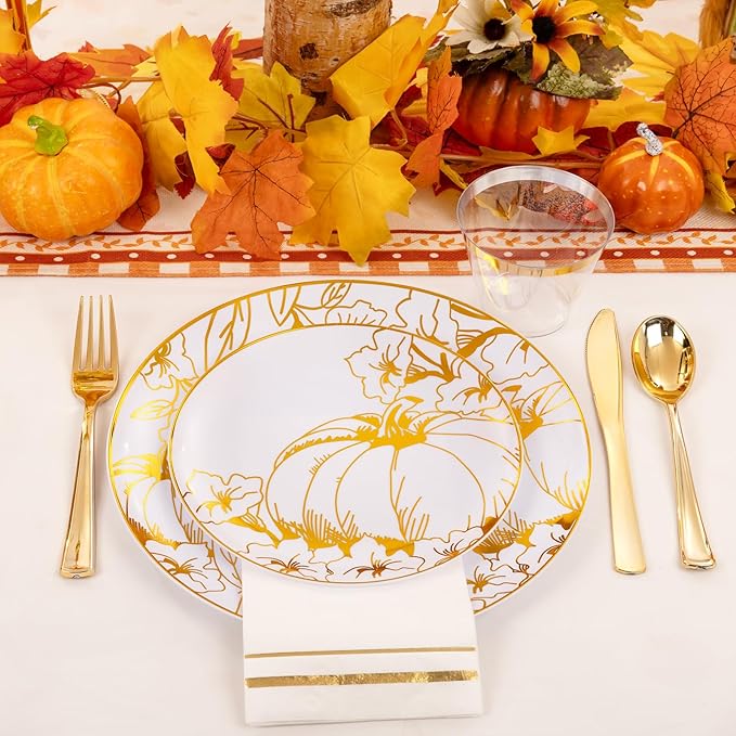 Liacere 175PCS Thanksgiving Plates- Gold Pumpkin Plastic Plates-Thanksgiving Plastic Plates and Napkins Sets Include 50 Plastic Plates,75 Thanksgiving Dinnerware，25 Gold Cups 25 Napkin