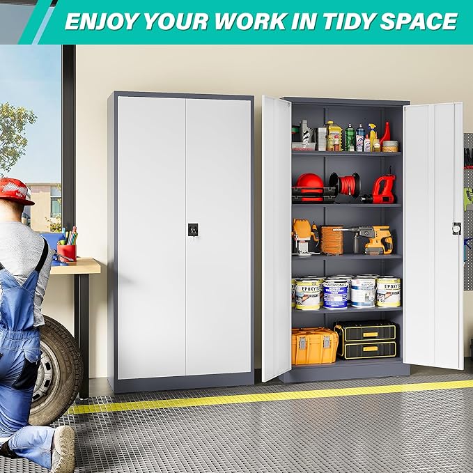 Wide & Deep Metal Storage Cabinet with Shelves,72 inch Tall Garage Storage Cabinet with Lock,Gray White Metal Cabinets with Locking Doors,Large Steel Lockable Cabinets for Home,Office,Shop,Garage