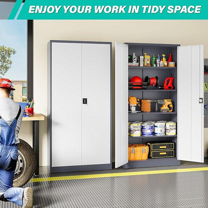 Wide & Deep Metal Storage Cabinet with Shelves,72 inch Tall Garage Storage Cabinet with Lock,Gray White Metal Cabinets with Locking Doors,Large Steel Lockable Cabinets for Home,Office,Shop,Garage