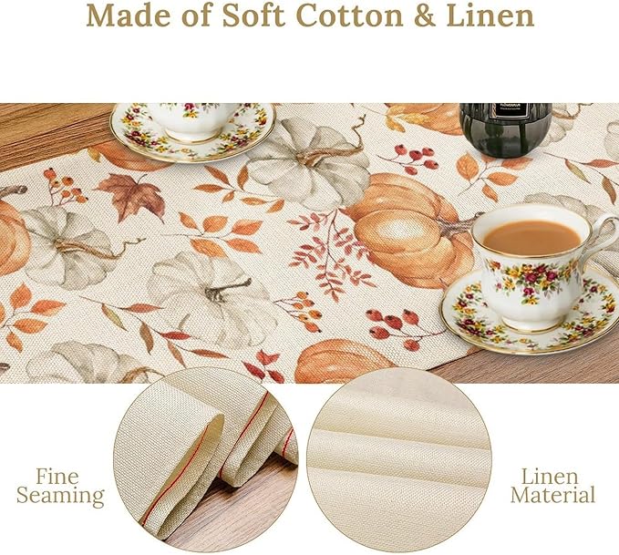 Pumpkin Table Runner Fall Orange White Colorful Leaves Berries Thanksgiving Watercolor Illustration Rustic Decor for Farmhouse Indoor Outdoor Party Holiday Dining Kitchen Restaurant Cafe W13xL36in