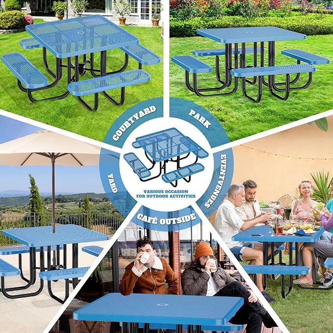 47'' Heavy-Duty Metal Picnic Tables with Umbrella Hole, Outdoor Steel Heavy Duty Commercial Grade Black Table, Outdoor Bench Set for Lawn, Patio, Park, Yard, Garden, Porch (Set B, Square)