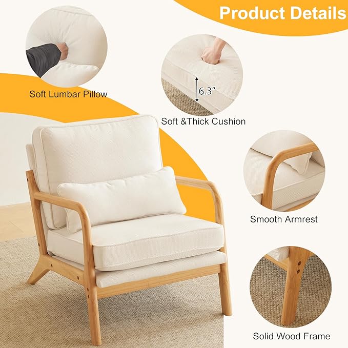 Bonnlo Coarse Linen Beige Mid Century Modern Accent Chair, Soild Wood Padding Lounge Armchairs Side Sitting Chairs for Living Room, Bedroom, Guest Room