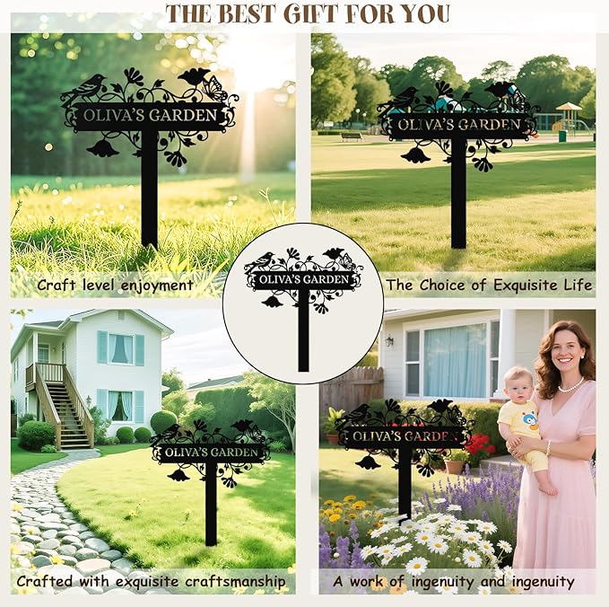 Personalized Garden Sign– Custom Metal Yard Stake with Bird & Butterfly Design, Outdoor Name Plaque for Lawn, Pathway, Flower Bed, Weatherproof Garden Decor, Gift for Gardeners & Housewarming