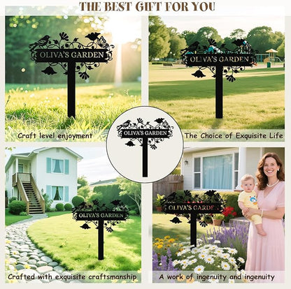 Personalized Garden Sign– Custom Metal Yard Stake with Bird & Butterfly Design, Outdoor Name Plaque for Lawn, Pathway, Flower Bed, Weatherproof Garden Decor, Gift for Gardeners & Housewarming