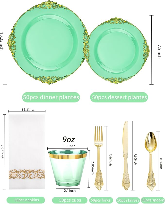 Hioasis 350pcs Clear Green Plastic Plates - Elegant Disposable Dinnerware Set Suitable for 50 Guests Include 10.25" Dinner & 7.5" Dessert Plates, Cutlery, Napkins, Cups for Party & Christmas