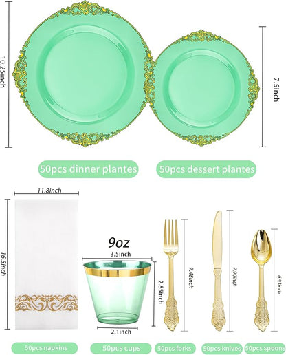 Hioasis 350pcs Clear Green Plastic Plates - Elegant Disposable Dinnerware Set Suitable for 50 Guests Include 10.25" Dinner & 7.5" Dessert Plates, Cutlery, Napkins, Cups for Party & Christmas