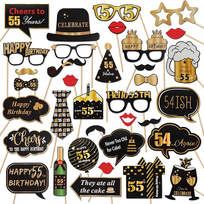 LINGTEER Happy 55th Birthday Party Photo Booth Props, Cheers to 55th Birthday, 36pcs Paper Photo Booth Props, Gold Color, Letter Print Pattern