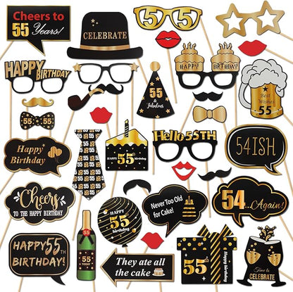 LINGTEER Happy 55th Birthday Party Photo Booth Props, Cheers to 55th Birthday, 36pcs Paper Photo Booth Props, Gold Color, Letter Print Pattern