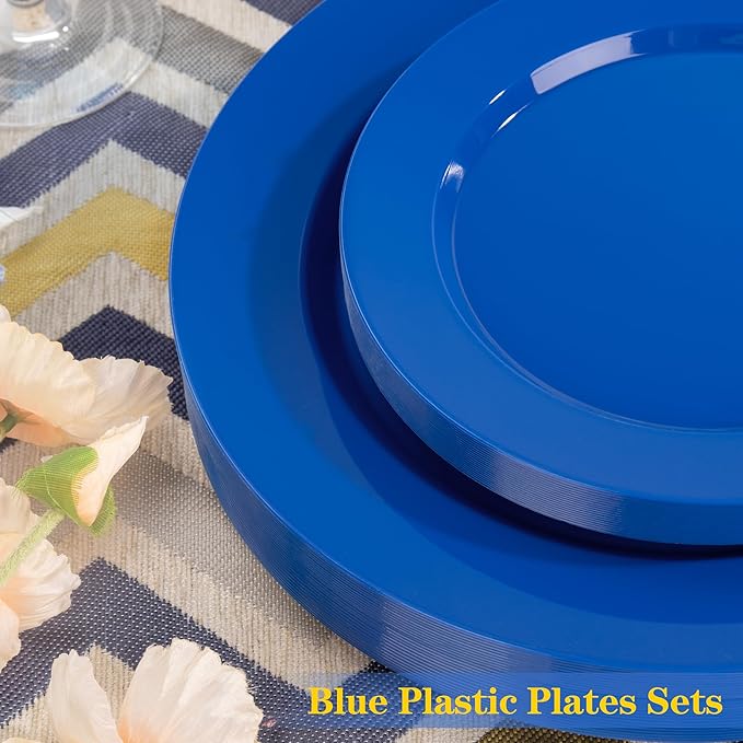 I00000 200 Pcs Hanukkah Plastic Plates, Hanukkah Plates Disposable Blue Party Plates Include 100 Blue Dinner Plate 10’’ and 100 Plastic Dessert Plate 7’’ Perfect for Hanukkah, Party