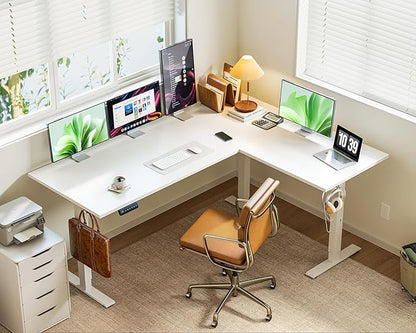 Casaottima 63 Inch Electric L-Shaped Standing Desk, Reversible Corner Desk with Height Adjustment, Large Ergonomic Workstation for Home Office, Reception Room, White