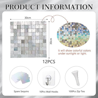 12PCS Silver Shimmer Wall Backdrop, Laser Square Sequin Photo Backdrops Panel, Glitter Wall Background for Birthdays, Weddings, Christmas, Engagements, Disco Bachelorette Party Decoration (3FTx4FT)