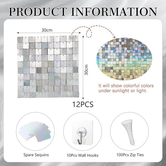 12PCS Silver Shimmer Wall Backdrop, Laser Square Sequin Photo Backdrops Panel, Glitter Wall Background for Birthdays, Weddings, Christmas, Engagements, Disco Bachelorette Party Decoration (3FTx4FT)