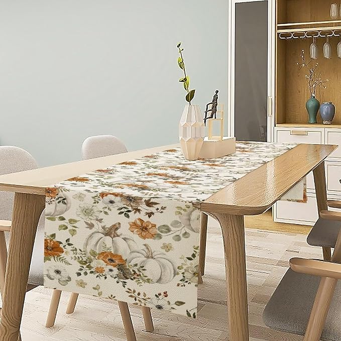 Fall Pumpkin Table Runner Rustic Floral Watercolor Plants White Vegetables Flowers Pastoral Theme Home Decor for Farmhouse Indoor Outdoor Party Holiday Dining Kitchen Restaurant Cafe W13xL72in
