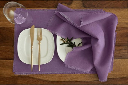 Solino Home Linen Fringe Cloth Placemats Set of 4-100% Pure Linen Mulberry Placemats 14 x 19 Inch for Fall, Autumn, Christmas, Holiday, New Year
