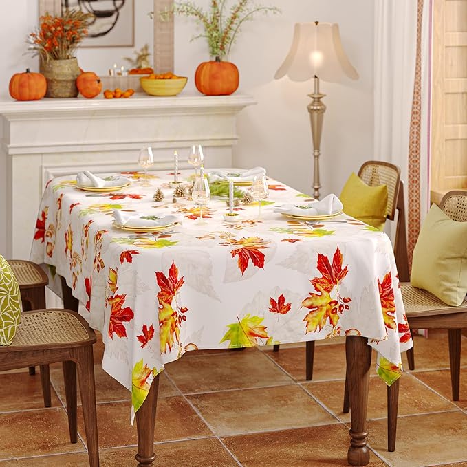 Fall Rectangle Tablecloth 52 x 70 Inch, Thanksgiving Autumn Harvest Maple Leaves Table Cloth, Resistant Spill Proof Washable Rectangular Table Covers for Party Picnic Dinner Decor