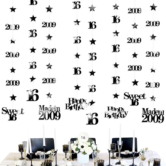 12PCS Black 16th Birthday Decorations Number 16 and 2009 Star Garland Hanging Streamer Banner Backdrop for Girls Boys Cheers to 16 Years Old Birthday Made in 2009 Sweet Sixteen Party Decor Supplies