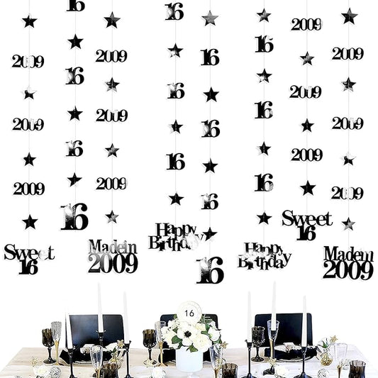 12PCS Black 16th Birthday Decorations Number 16 and 2009 Star Garland Hanging Streamer Banner Backdrop for Girls Boys Cheers to 16 Years Old Birthday Made in 2009 Sweet Sixteen Party Decor Supplies