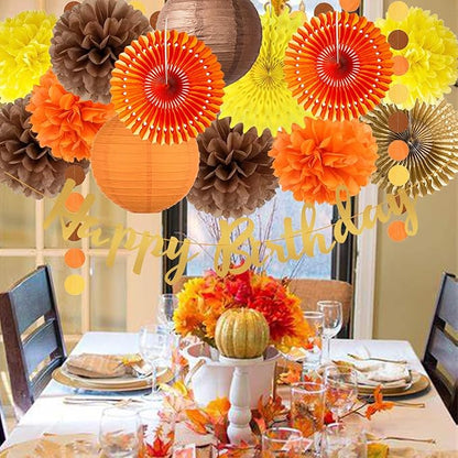 Fall Birthday Decorations Orange Autumn Hanging Paper Fans Orange Brown Yellow Tissue Pom Poms Lantern Circle Dot Garlands Happy Birthday Banner for Baby Shower Fall Harvest Party Decor