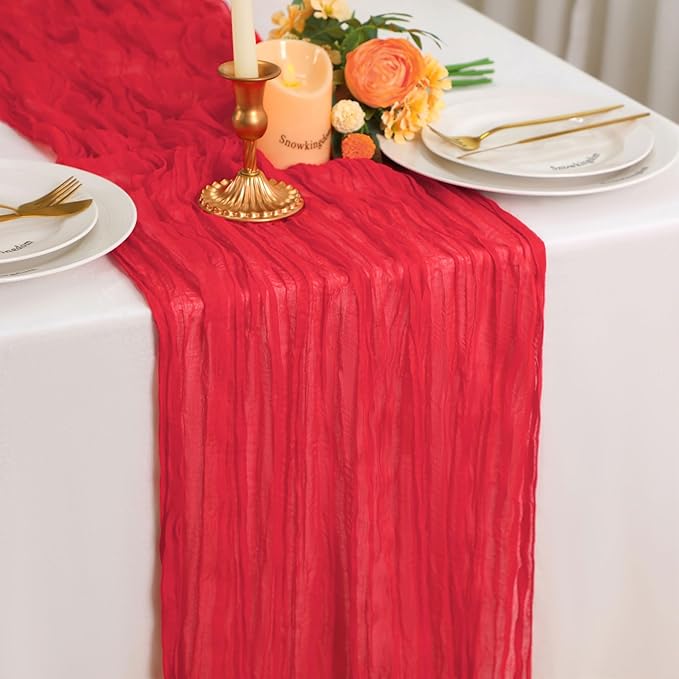 Snowkingdom 10 Ft Red Christmas Cheesecloth Table Runner, 120 inch Long Cheese Cloth Boho Gauze Sheer Runner for Wedding Bridal Baby Shower Birthday Sheer Holiday Table Decorations
