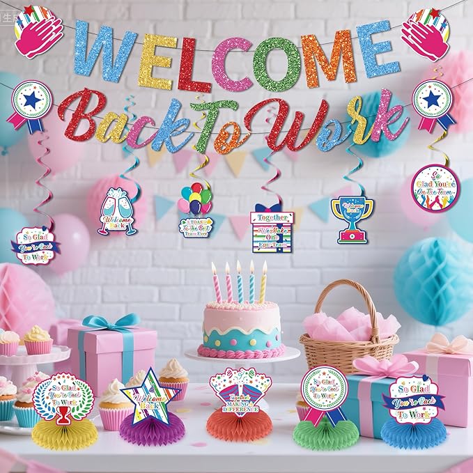 12pcs Welcome Back to Work Decorations Office Colorful So Glad You're Back To Work Banner and Hanging Swirls Table Centerpieces Office Party Supplies for Indoors Outdoors