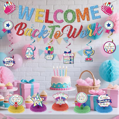 12pcs Welcome Back to Work Decorations Office Colorful So Glad You're Back To Work Banner and Hanging Swirls Table Centerpieces Office Party Supplies for Indoors Outdoors