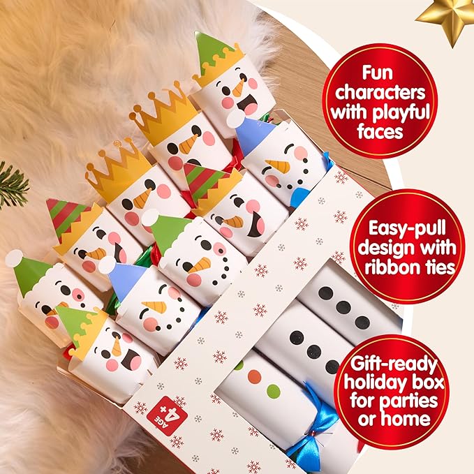 JOYIN 10 Pack Christmas Non-Snap Party Favor, Colorful Snowman Table Favor Includes Party Hat, Jokes & Gifts, Christmas Table Decorations for Holiday Dinner Traditions Party Supplies