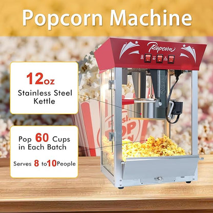 Commercial Popcorn Machine 12Oz with Warming Light, Makes 60 Cups, Theater Style Stainless Steel Popper with Tempered Glass - for Home Theater, Parties & Business, Red