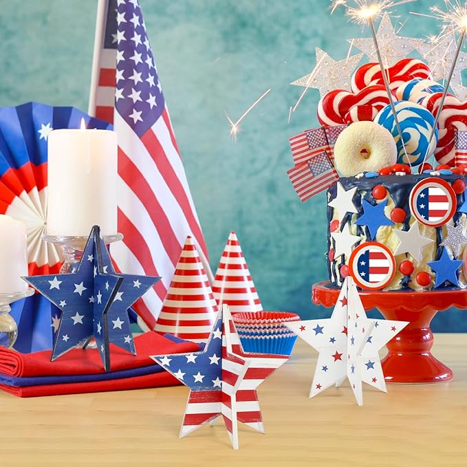 COCHIE 6 Inch Labor Day Decorations Wooden Stars Set, Vintage 3D Star Memorial Day Tiered Tray Decor, 4th of July Red White Blue Patriotic Decoration for Home Table Desk Door Shelf (Flag Retro)