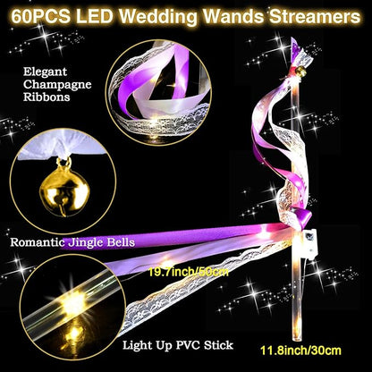 60Pack Light Up Wands,Wedding Wands with 3 Colorful Flashing Modes,LED Silk Fairy Wands with Bells,Glow Ribbon Streamers for Wedding,Mardi Gras,Mother's Day,July 4th,Birthday(Purple)