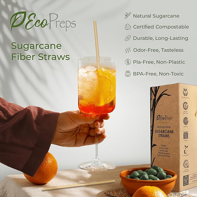 Biodegradable Sugarcane Straws | 150 Count, 100% Compostable, Plastic-Free, & Eco-Friendly Drinking Straw | 7.8'' Sugar Fiber Disposable Straws, Smoothie Straw for Home, Restaurant, Parties