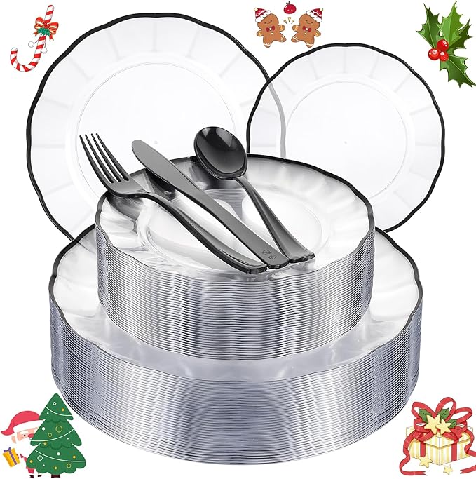 EI 150pcs Clear and Black Plastic Plates Dinnerware Disposable Party Set for 30Guests,Dinnerware Include 60 Clear Plates Disposable 90 Black Silverware,Perfect for Party,Christmas,New Year