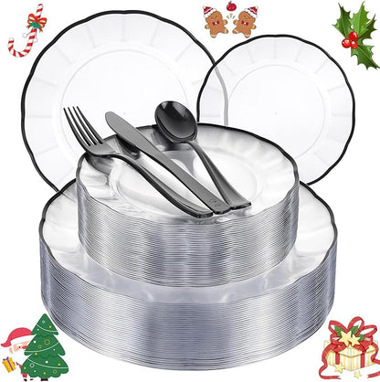 EI 150pcs Clear and Black Plastic Plates Dinnerware Disposable Party Set for 30Guests,Dinnerware Include 60 Clear Plates Disposable 90 Black Silverware,Perfect for Party,Christmas,New Year