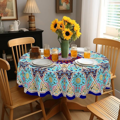 Eikione Boho Round Tablecloth 60inch, Tablecloth Waterproof and Wrinkle-Free, Boho Table Covers, Summer Decorations for Home