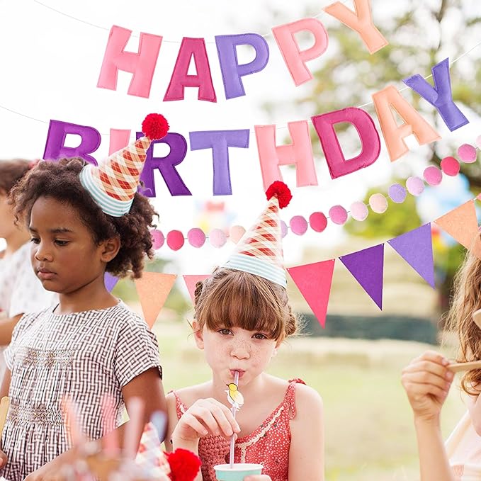 CANREVEL Pre-Strung 3D Happy Birthday Banner, 3 PCS Pink and Purple Happy Birthday Felt Garland, Pom Pom Garland, Triangle Fabric Bunting, Reusable Purple and Pink Decorations for Girls Women