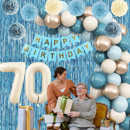 Dusty Blue 70th Birthday Party Decorations for Women Men Beige Cream Number 70 Balloon with Blue Gold Happy Birthday Banner Fringe Curtain Paper Pom Poms Nude White Sand Champagne Star Foil Balloons