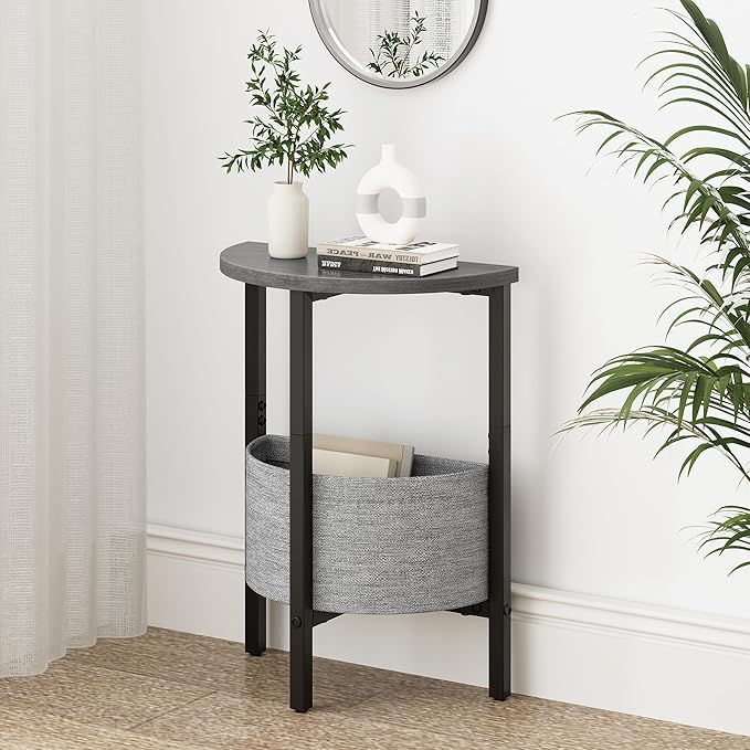 Vagusicc Small Round Side Table End Table, Tall Accent Table with Storage Basket, Set of 2 Half Round Table Half Moon Tables, Coffee Bedside Table Modern Nightstand for Living Room Bedroom Gray Walnut