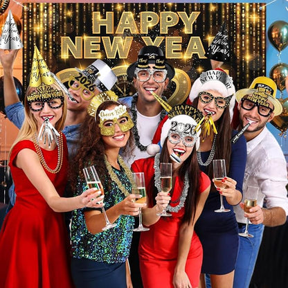 MOVINPE 2026 New Years Eve Party Supplies Bulk Serve 60 - New Year's Banner Backdrop Top Hats, Cone Hats, Tiara, Glasses, Bead Necklace, Leis, Horns, Blowouts, Noiese Makers, Event Party Favors