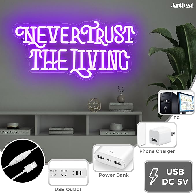 Never Trust The Living Neon Sign Mysterious Purple LED Light for Room Wall Decor Halloween Party Chamber of Secrets Man Cave Room Gothic Letters Neon