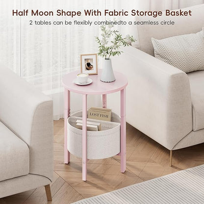 Vagusicc Small Round Side Table, Accent End Table with Storage Basket, Set of 2 Half Round Coffee Table End Table, Half Moon Bedside Table, Modern Nightstand Couch Table for Living Room Bedroom, Pink