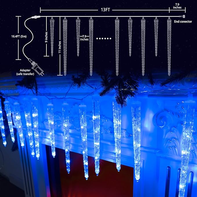 Joomer Blue Christmas Icicle Lights, 13FT 20 Tubes 90 LED 8 Modes Icicle Lights with Timer Function, Waterproof Connectable Ice String Lights for Holiday Home Patio Trees Christmas Decoration