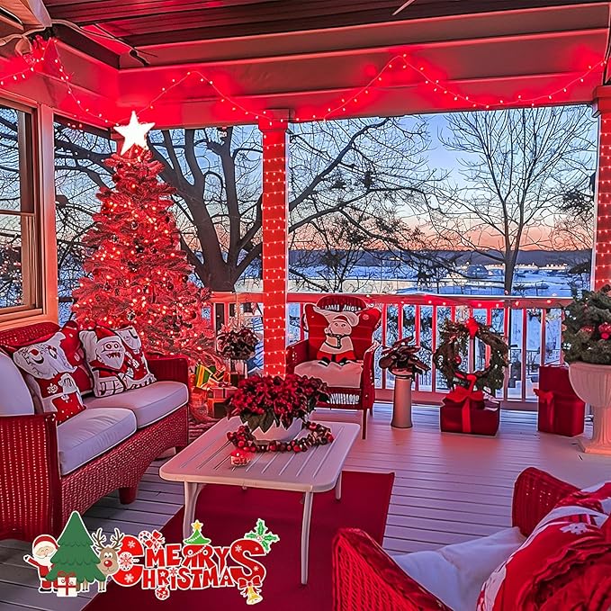 JMEXSUSS 33ft 100 LED Red Christmas Lights, Connectable 8 Modes Room String Light Indoor Plug-in, Clear Wire Red Christmas Tree Lights Outdoor Waterproof for Xmas Bedroom, Party