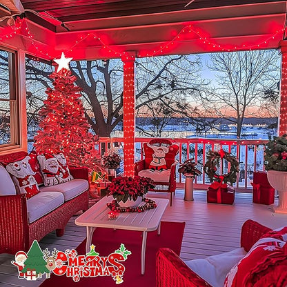 JMEXSUSS 33ft 100 LED Red Christmas Lights, Connectable 8 Modes Room String Light Indoor Plug-in, Clear Wire Red Christmas Tree Lights Outdoor Waterproof for Xmas Bedroom, Party