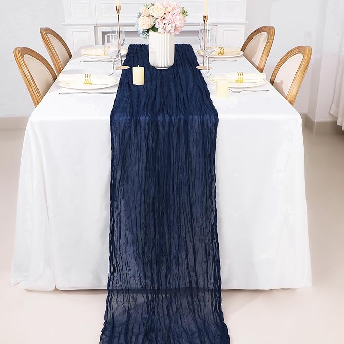 Snowkingdom 10 Ft Navy Blue Cheesecloth Table Runner, 120 inch Long Cheese Cloth Boho Gauze Runner for Christmas Wedding Bridal Baby Shower Birthday Holiday Party Sheer Table Decorations