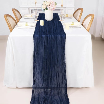 Snowkingdom 6PCS 10Ft Navy Blue Cheesecloth Table Runner, 120inch Long Cheese Cloth Boho Gauze Runner for Wedding Bridal Baby Shower Birthday Holiday Party Sheer Table Decorations